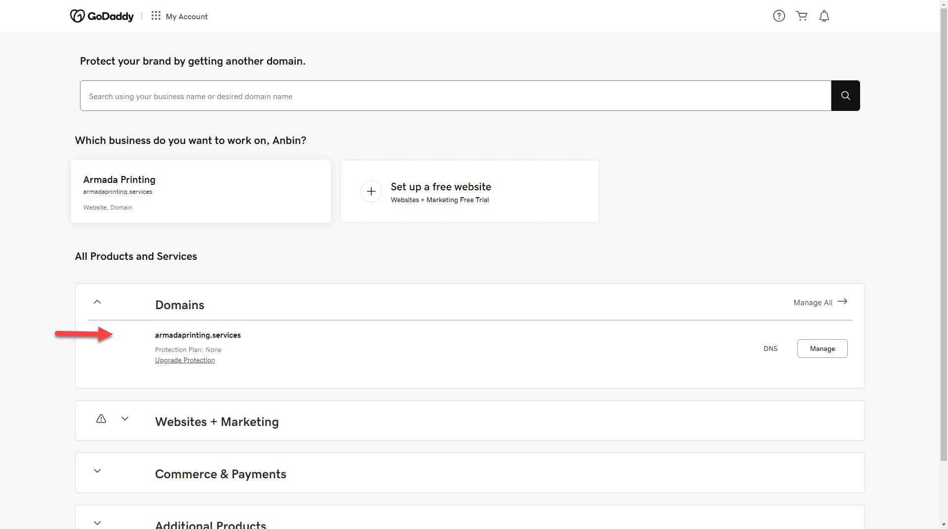 Find the domain in GoDaddy