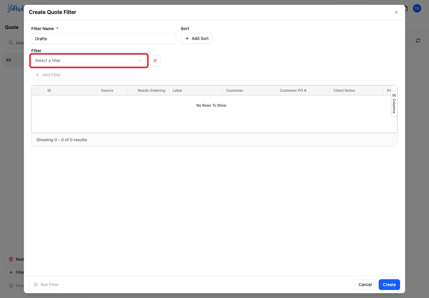Open the filter-field picker.