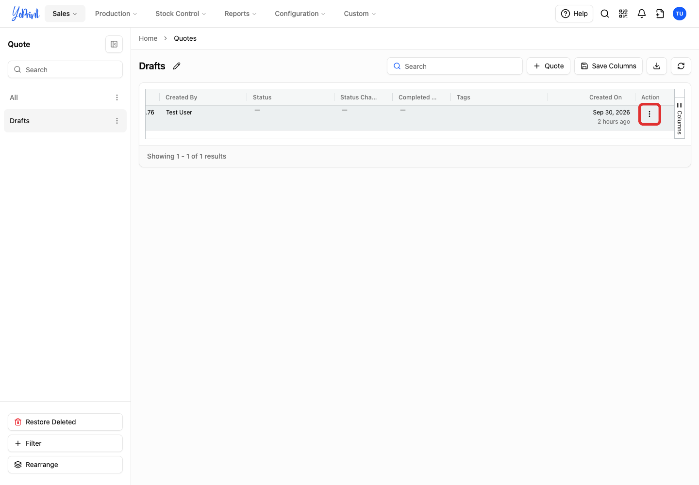 Open the draft row's actions menu at the right of the table.