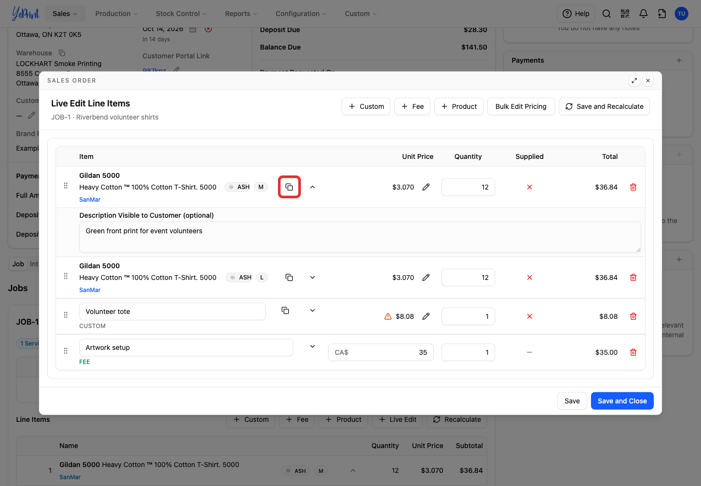 Click Copy on the product row you want to start from.