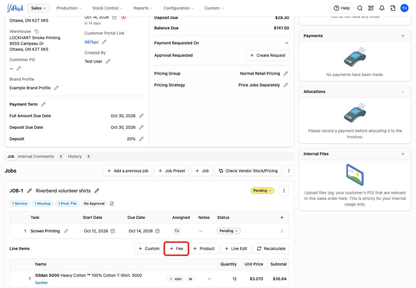 On the job in the quote or sales order, click Fee.
