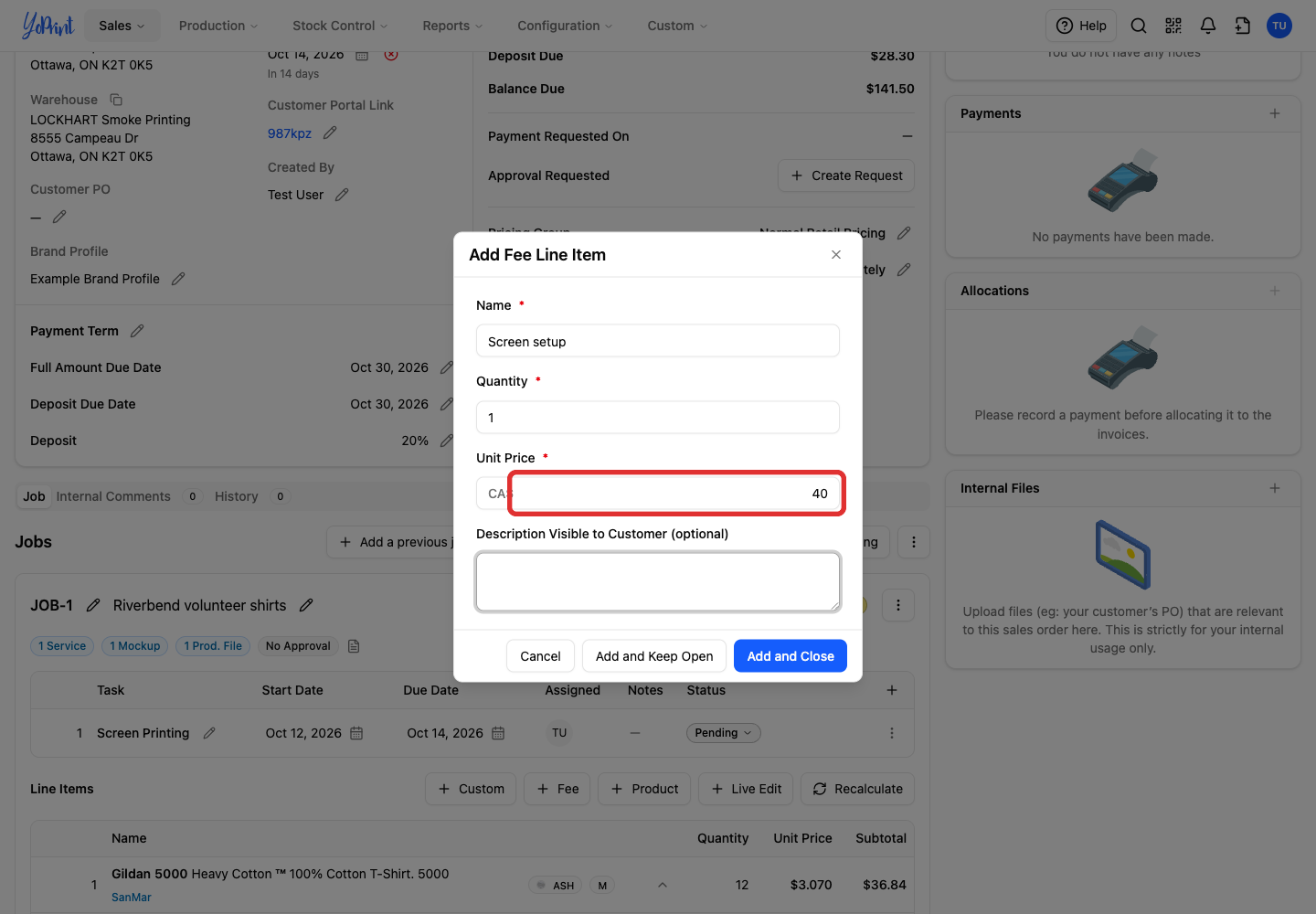 Enter the setup amount in Unit Price.