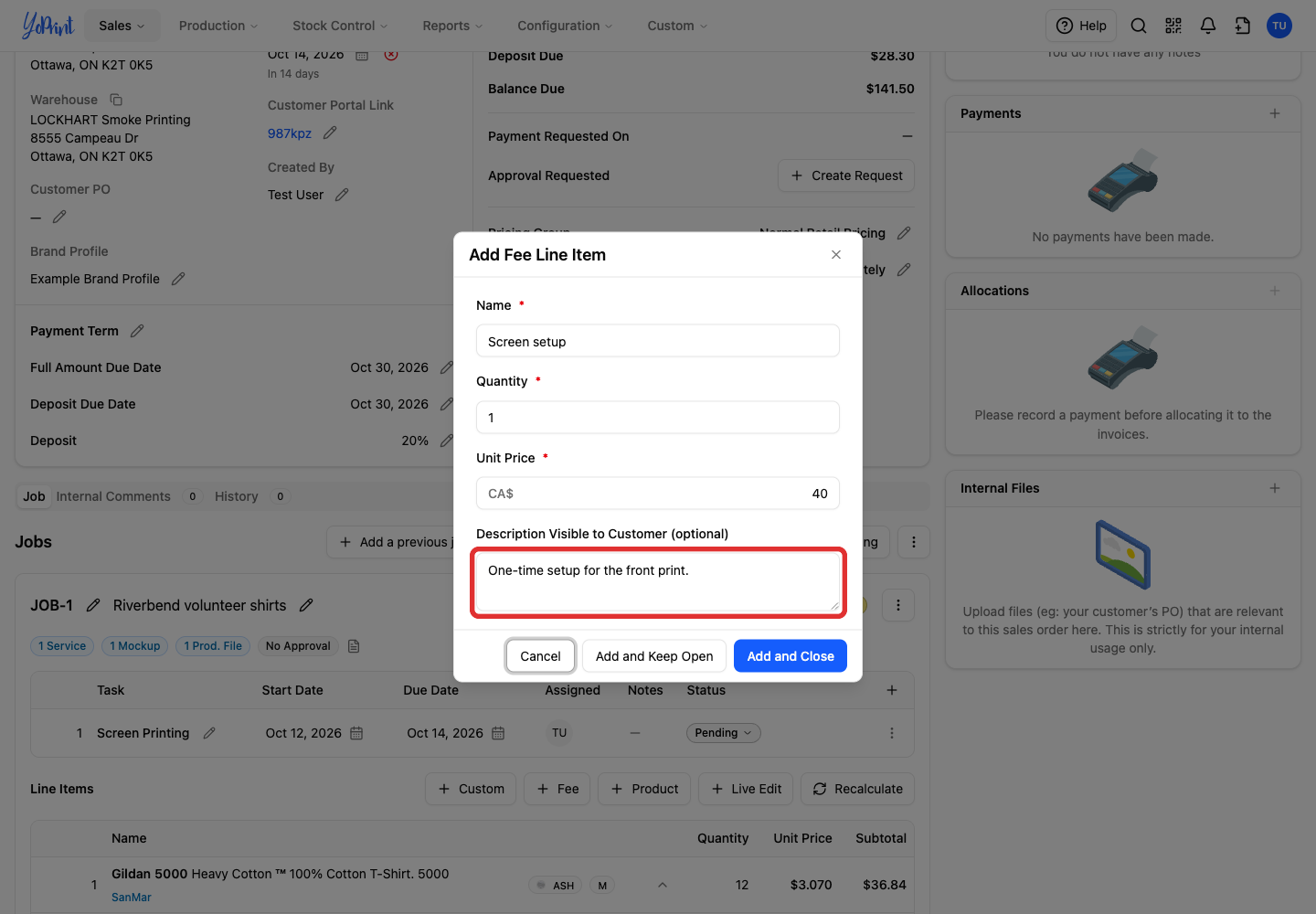 Add a Description Visible to Customer (optional) if the charge needs an explanation.