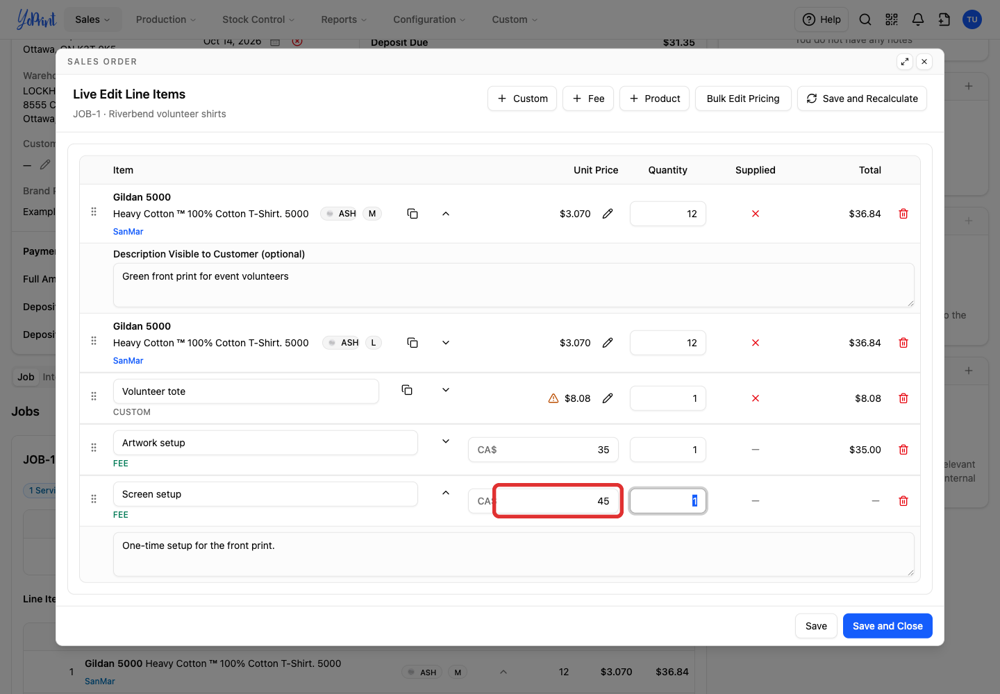 Change the fee's Unit Price. The same row also has its name and quantity.