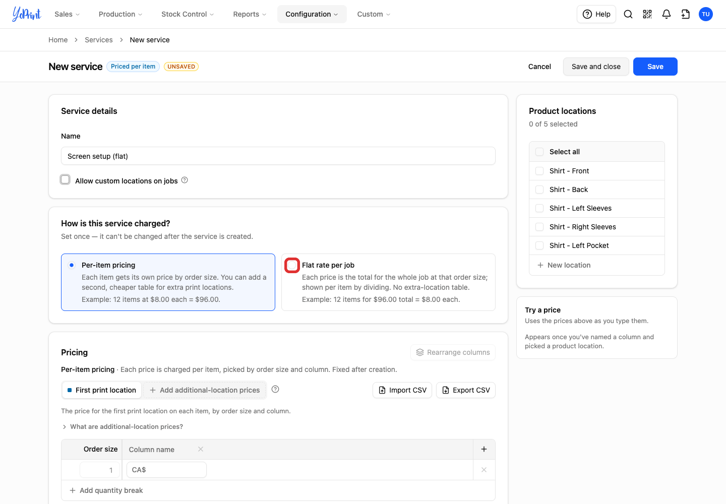 Under How is this service charged?, select Flat rate per job. This choice is fixed after the service is created.