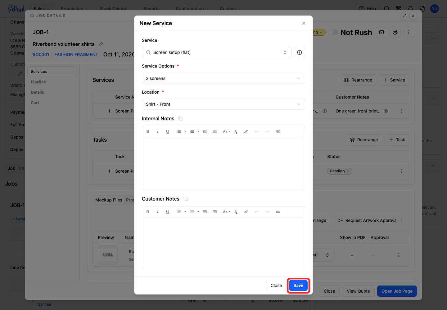 Click Save. The setup service is now part of the job's pricing.