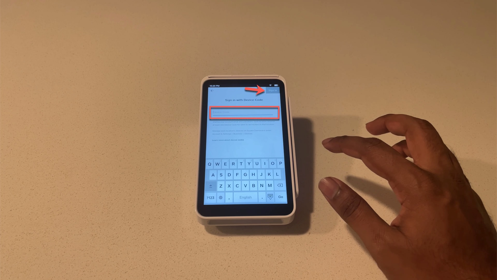 Device Code field and Sign in on Square Terminal