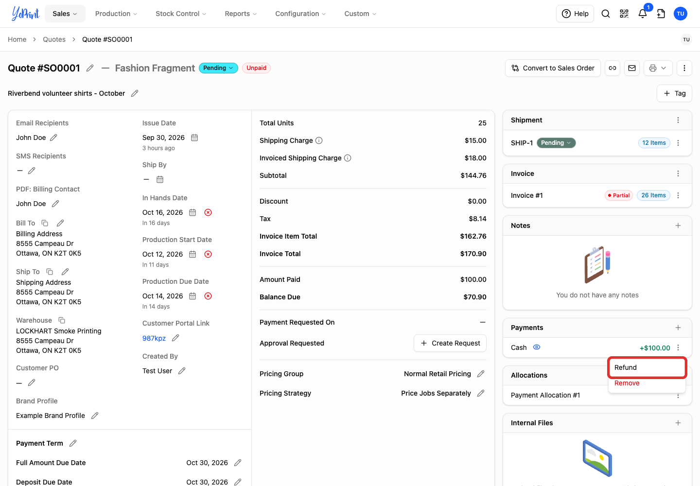 Refund in the manual payment menu