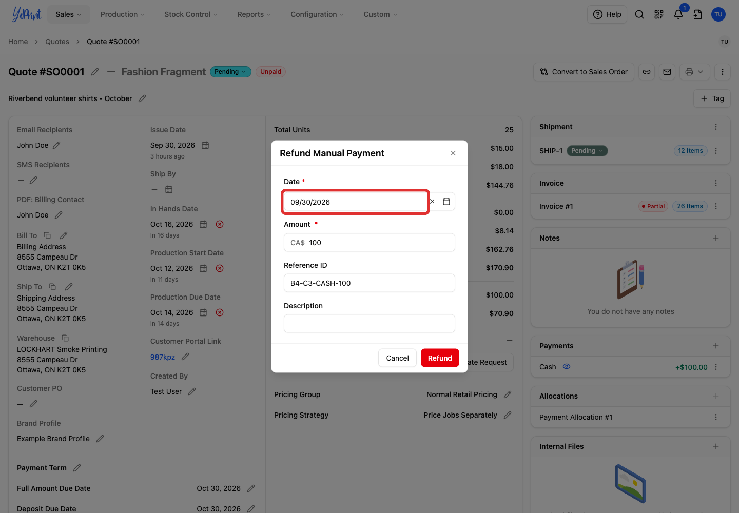Date in Refund Manual Payment