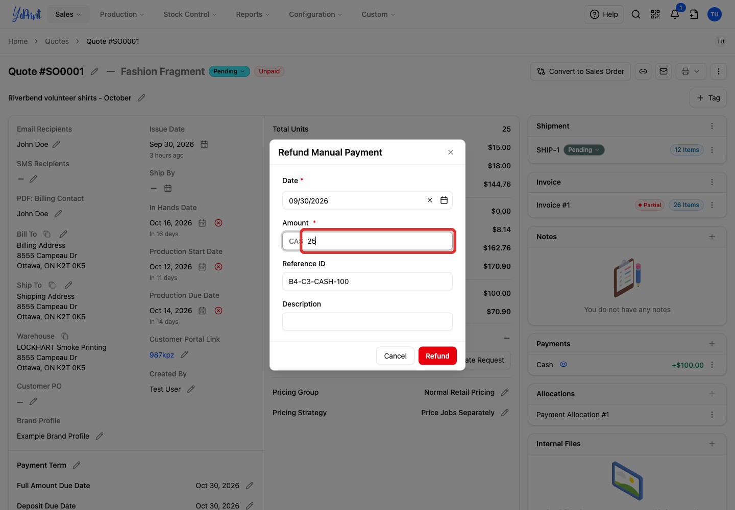 Partial manual refund amount of 25