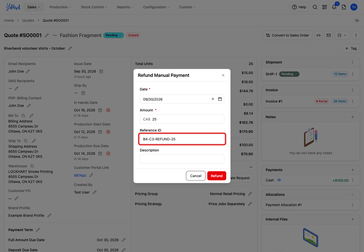Reference ID for the cash refund