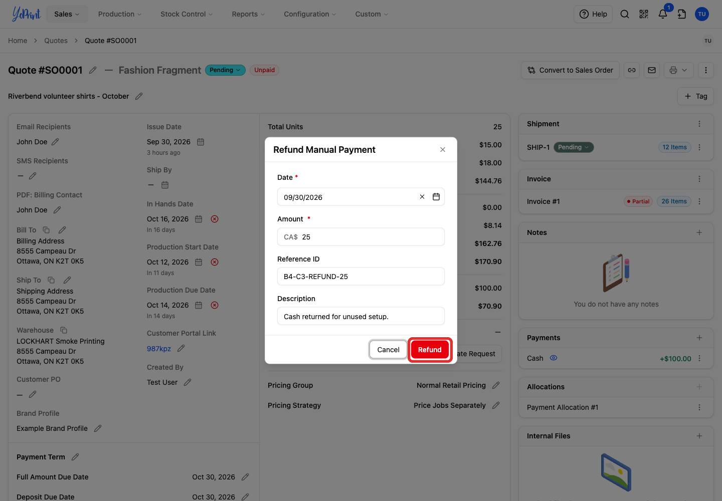 Refund button on the completed manual refund form