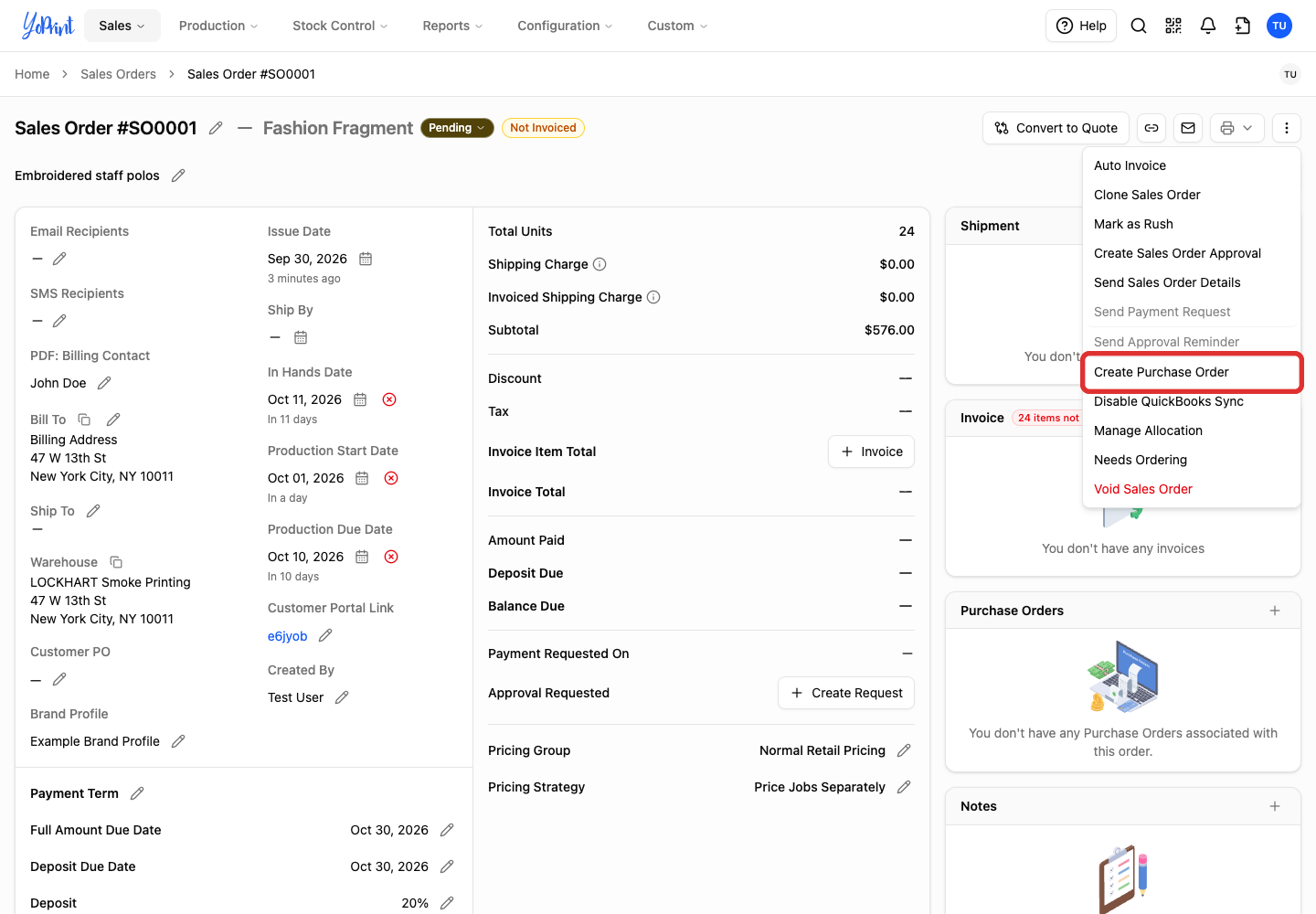 Create Purchase Order in Quick Actions