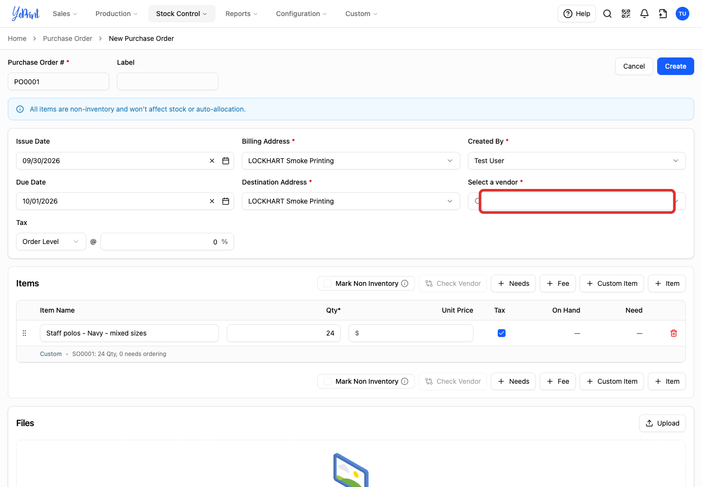 Vendor field on the new purchase order