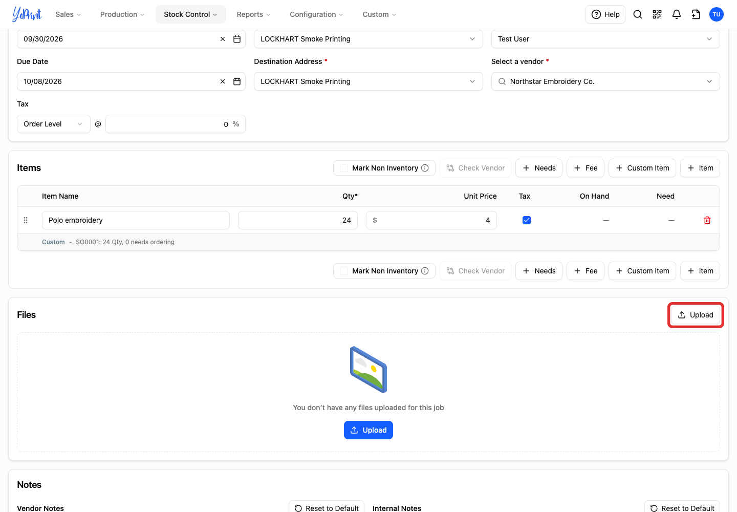 Upload in the purchase order Files section