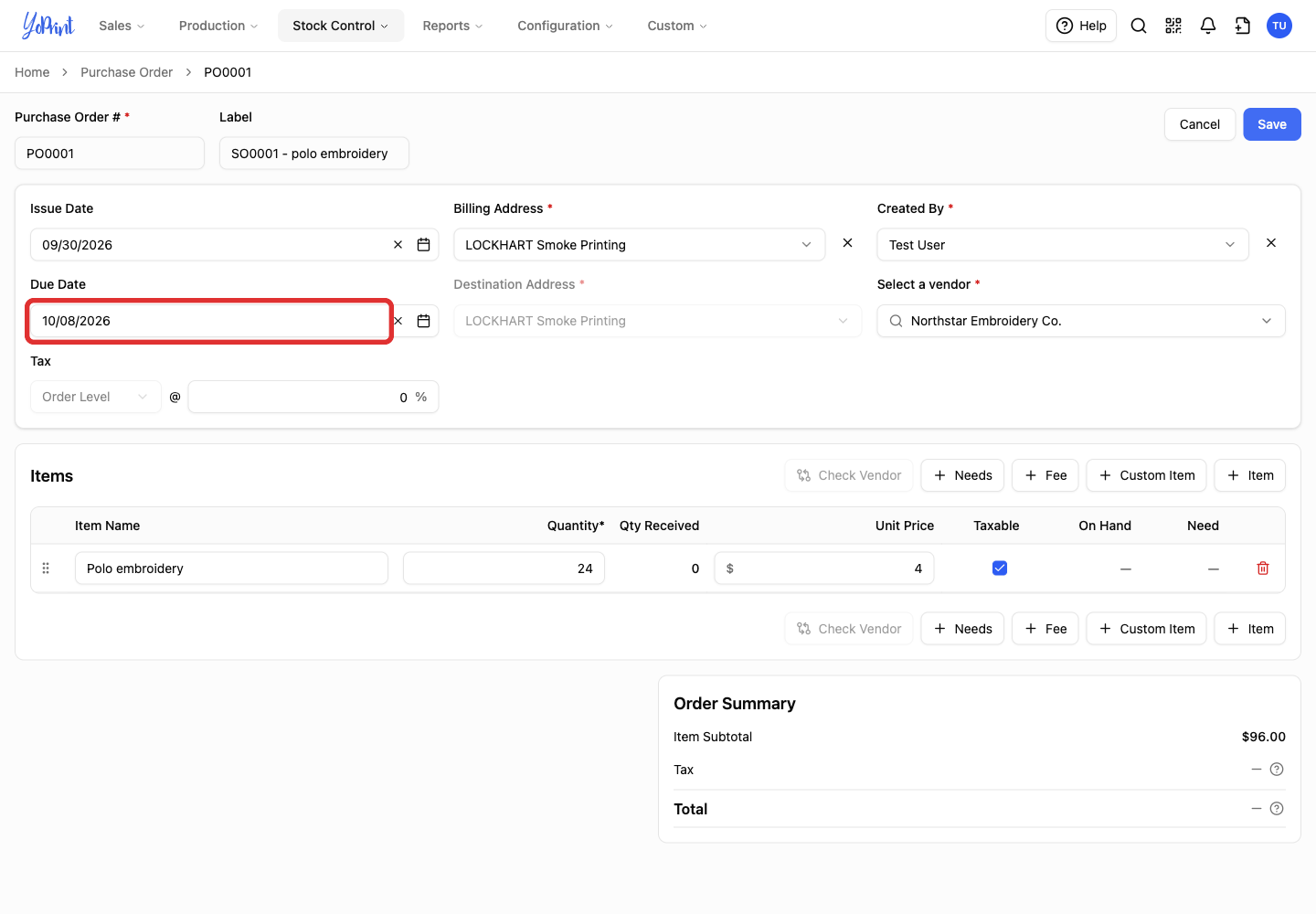 Purchase order fields and item details