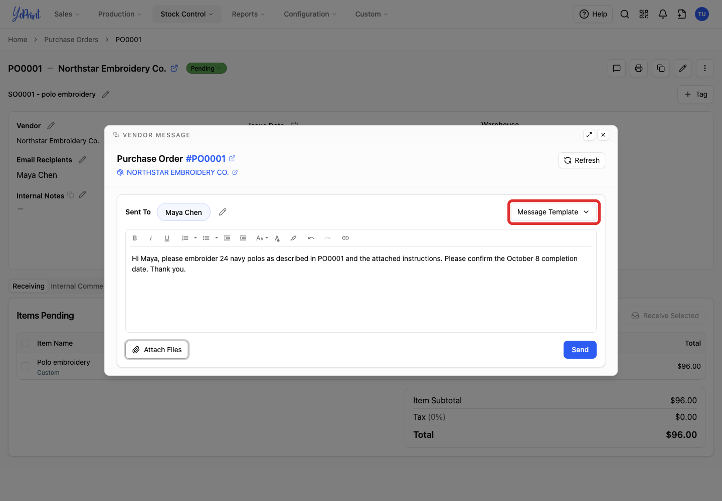 Message Template button