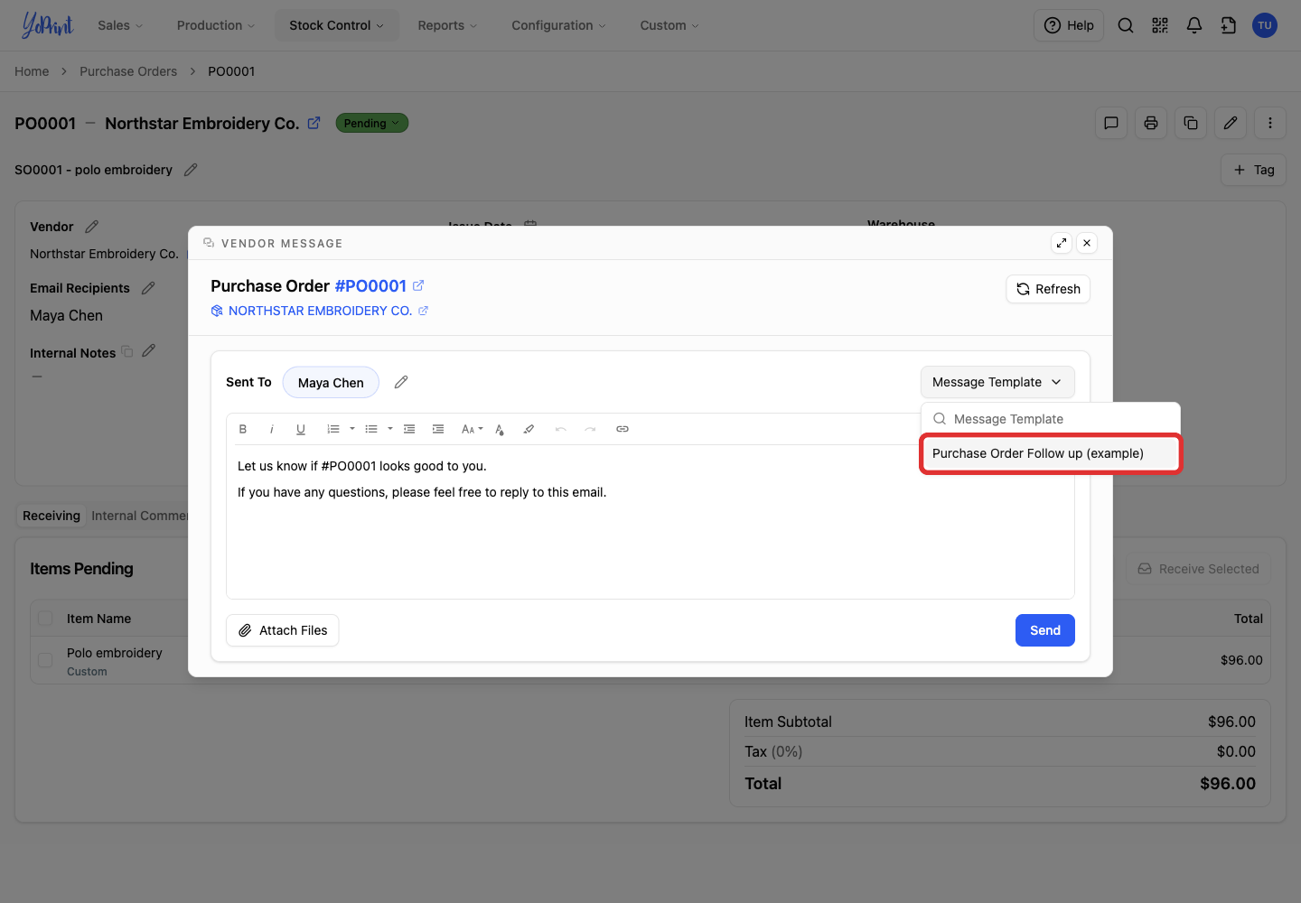 Choose a purchase order message template