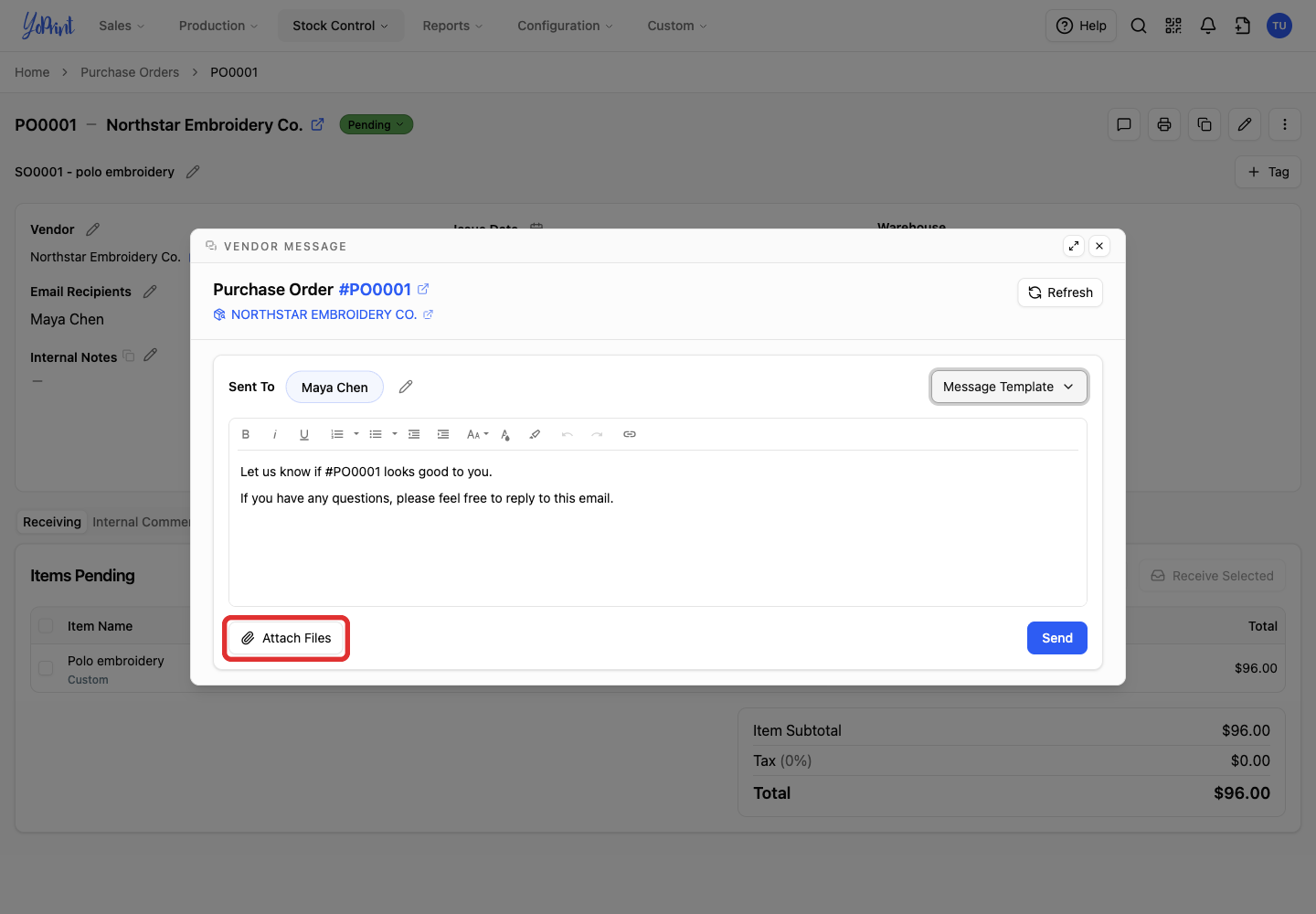 Attach Files in the vendor message