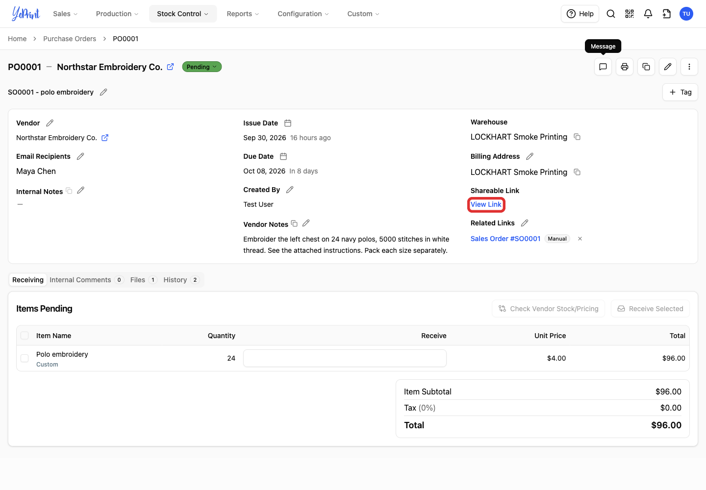 Open the purchase order's shareable view