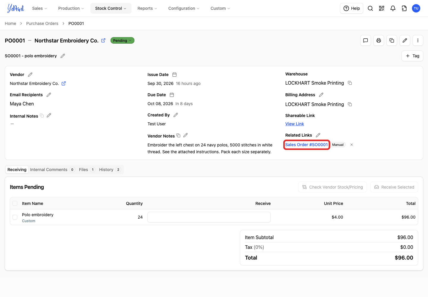 Linked sales order on the purchase order