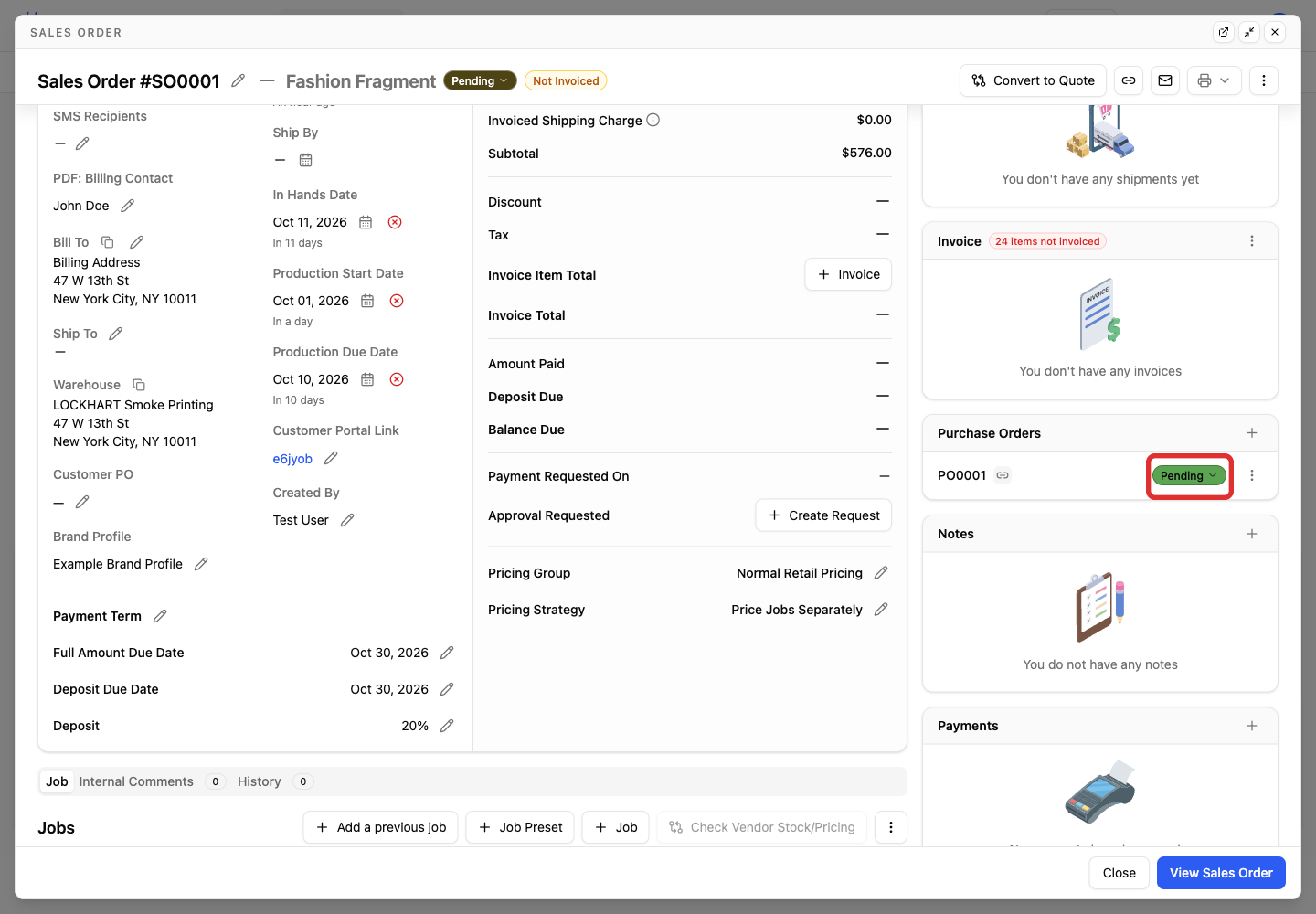 Purchase order status on the sales order