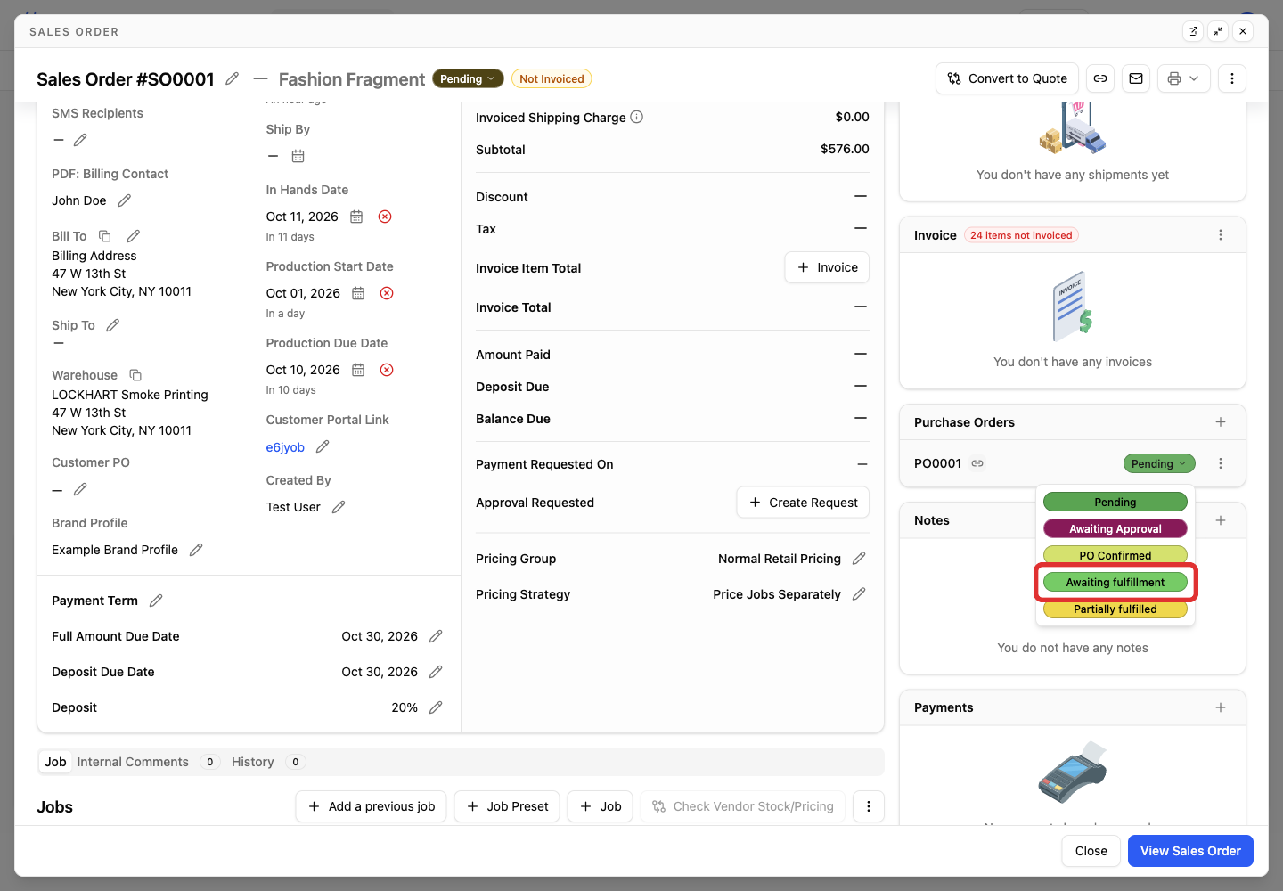 Choose the updated purchase order status