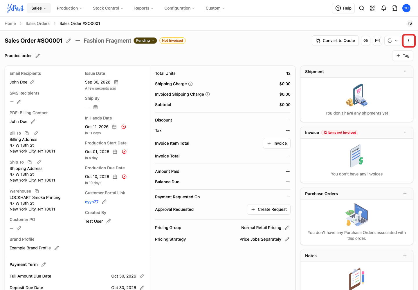 Quick Actions at the top of the sales order
