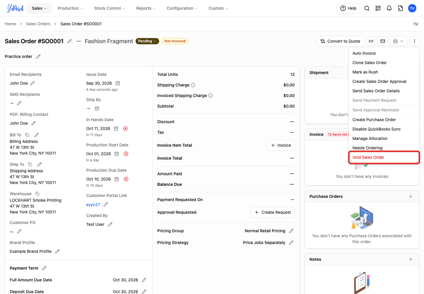 Void Sales Order in the Quick Actions menu
