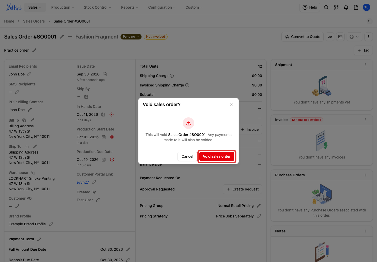 Confirmation names the sales order being voided