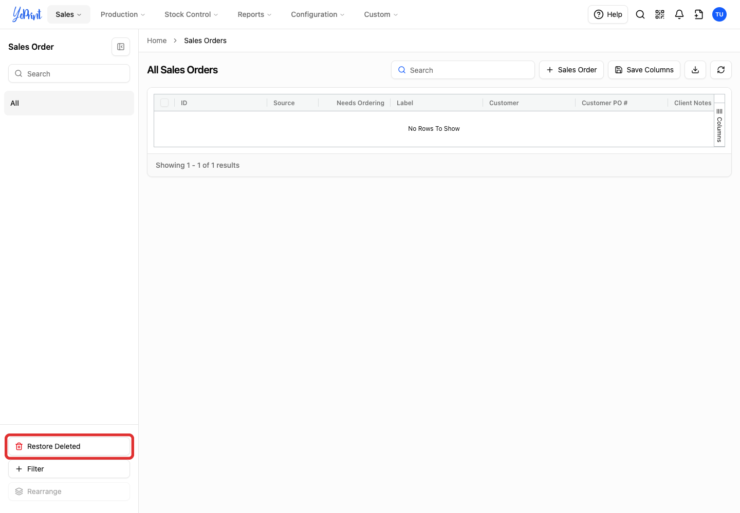 Restore Deleted below the sales-order filters