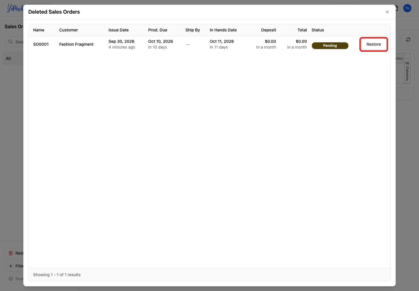 Restore beside the deleted sales order