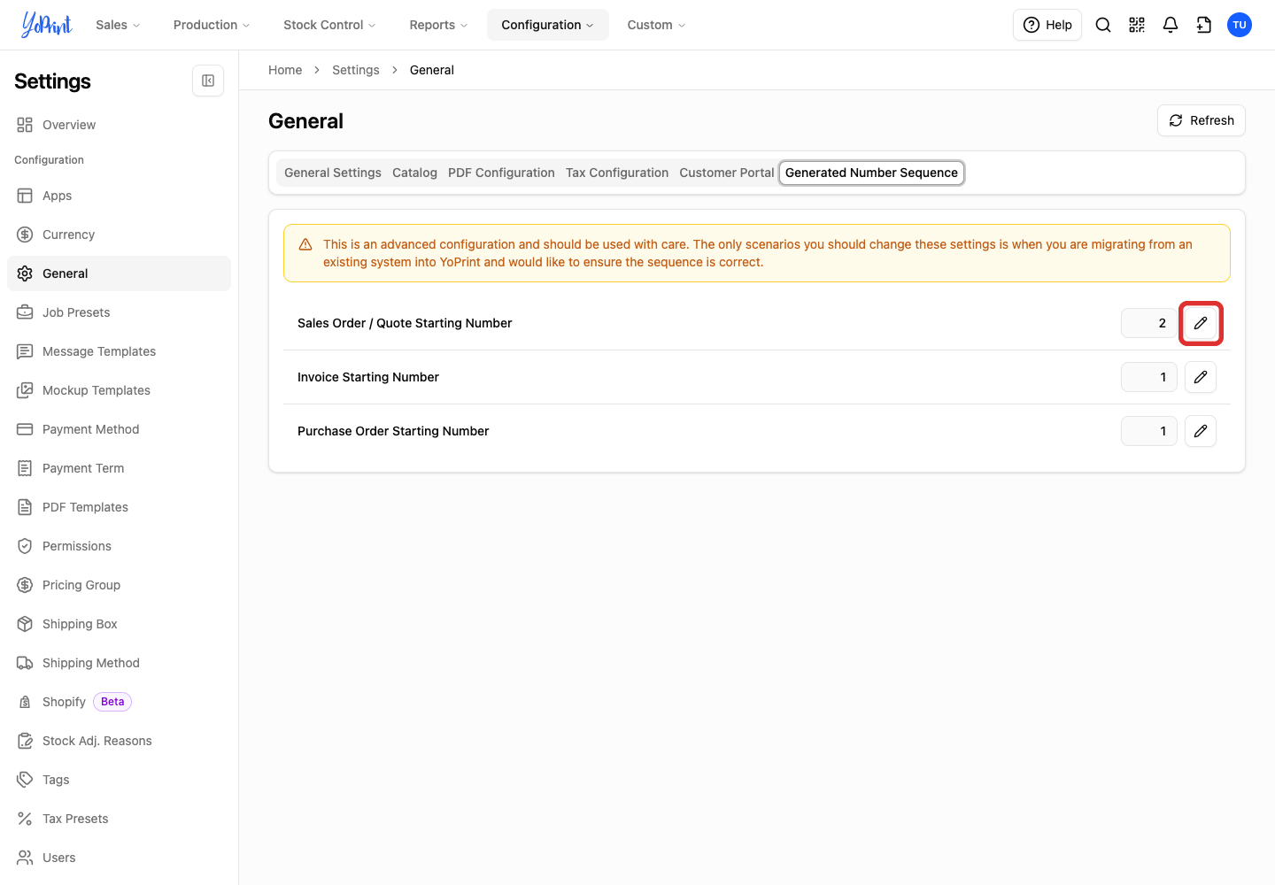 Edit the shared sales-order and quote starting number