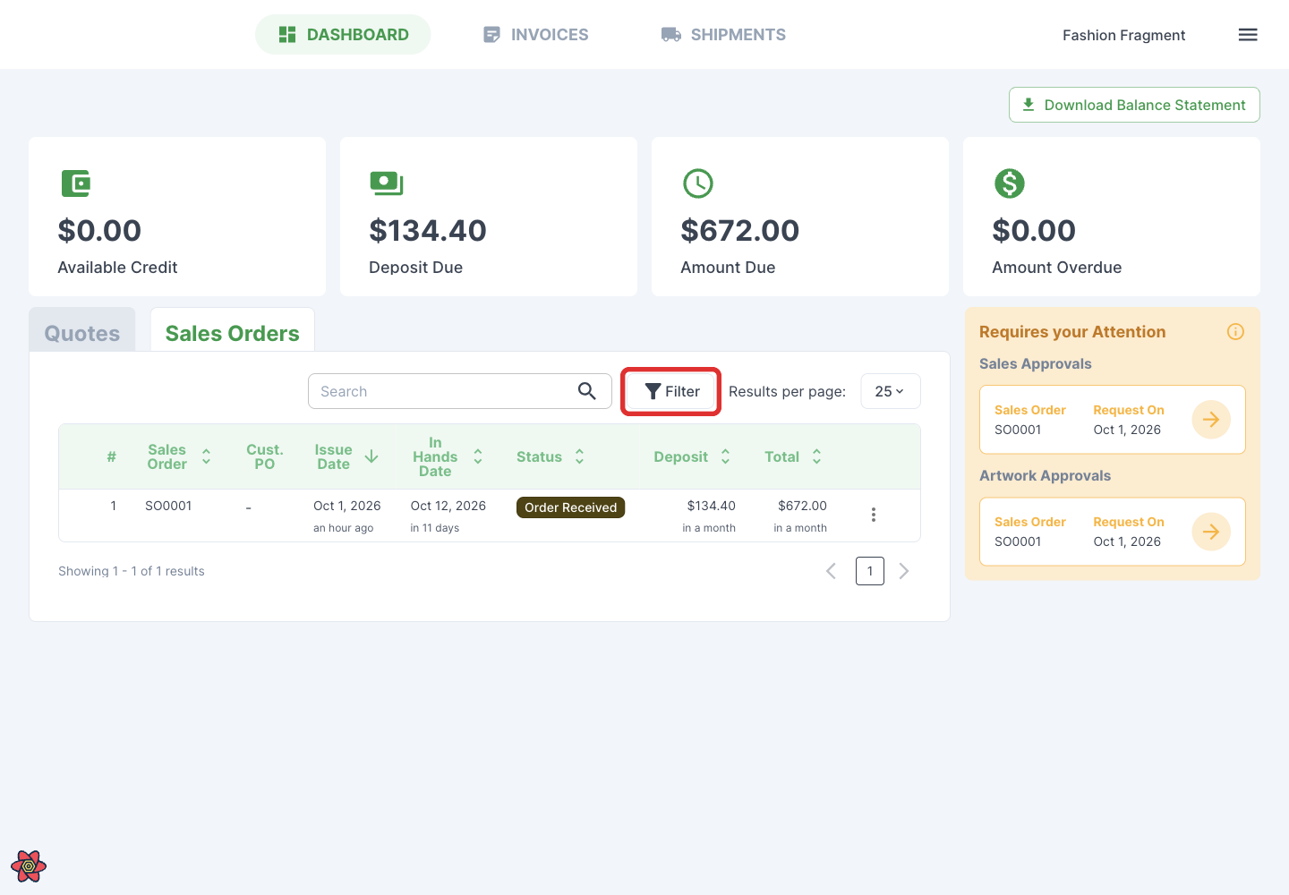 Open order filters
