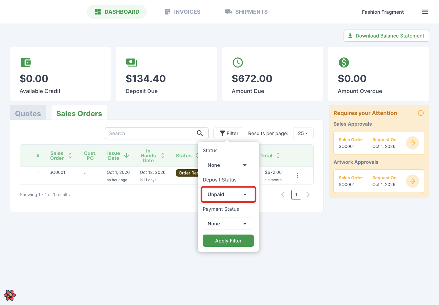 Deposit Status in the filter panel