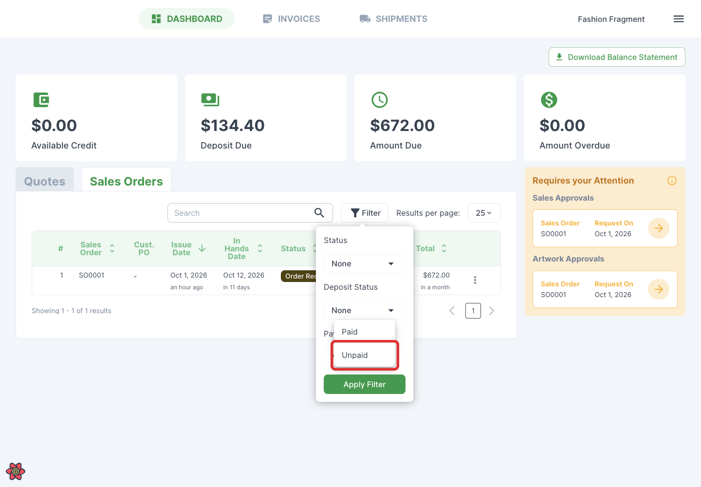 Choose Unpaid in Deposit Status