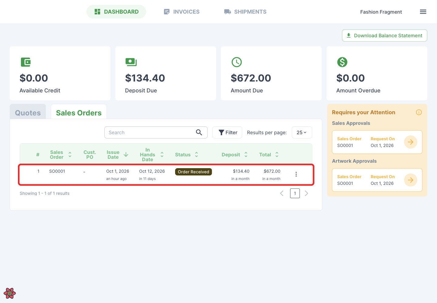 Open a sales order from the dashboard