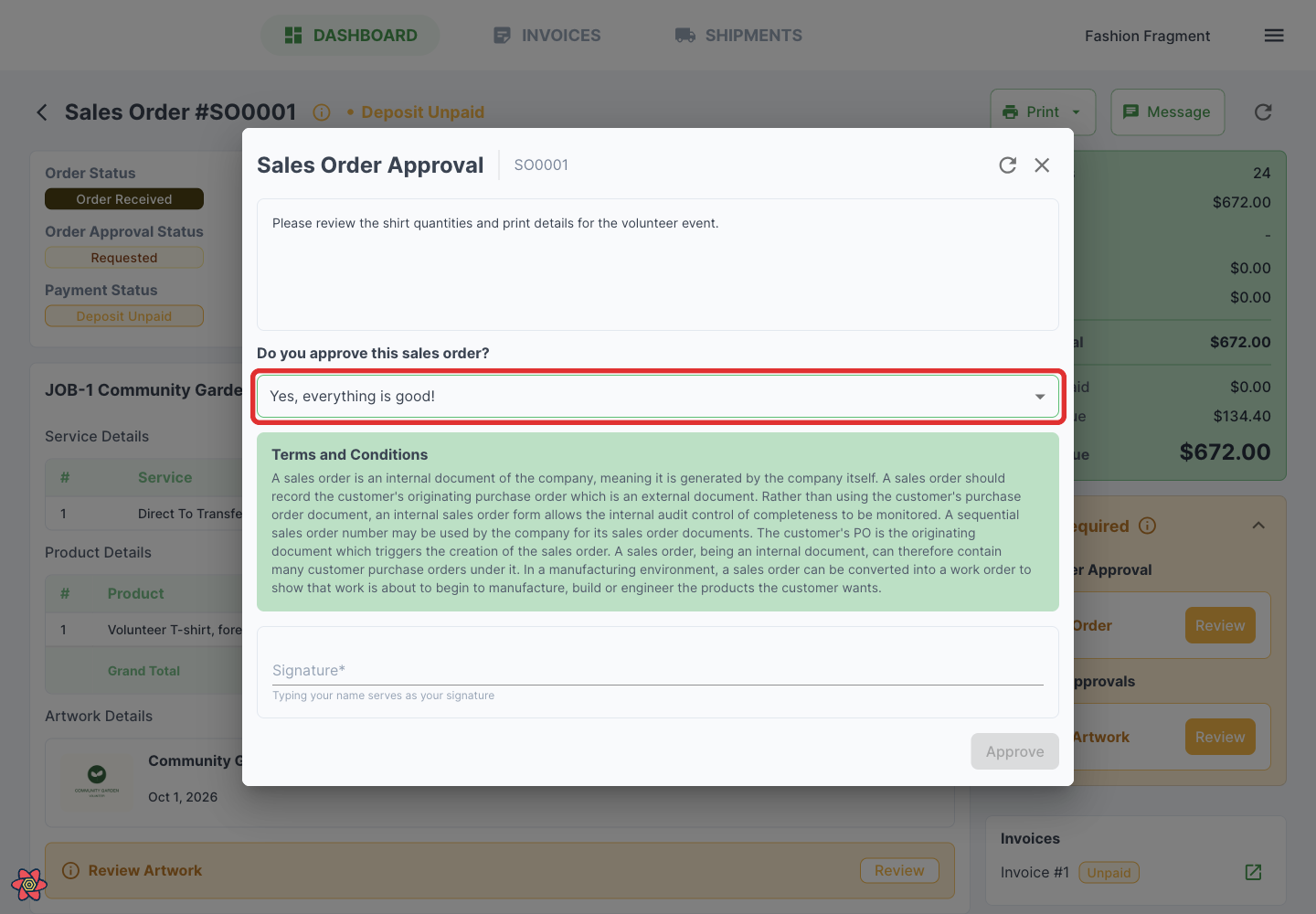 Open the order response choices
