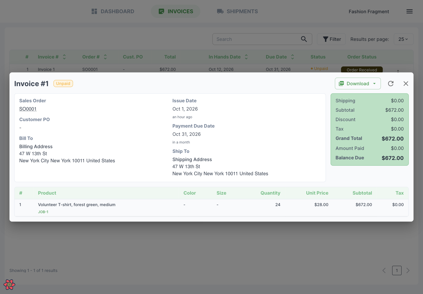 Invoice details and its Download menu