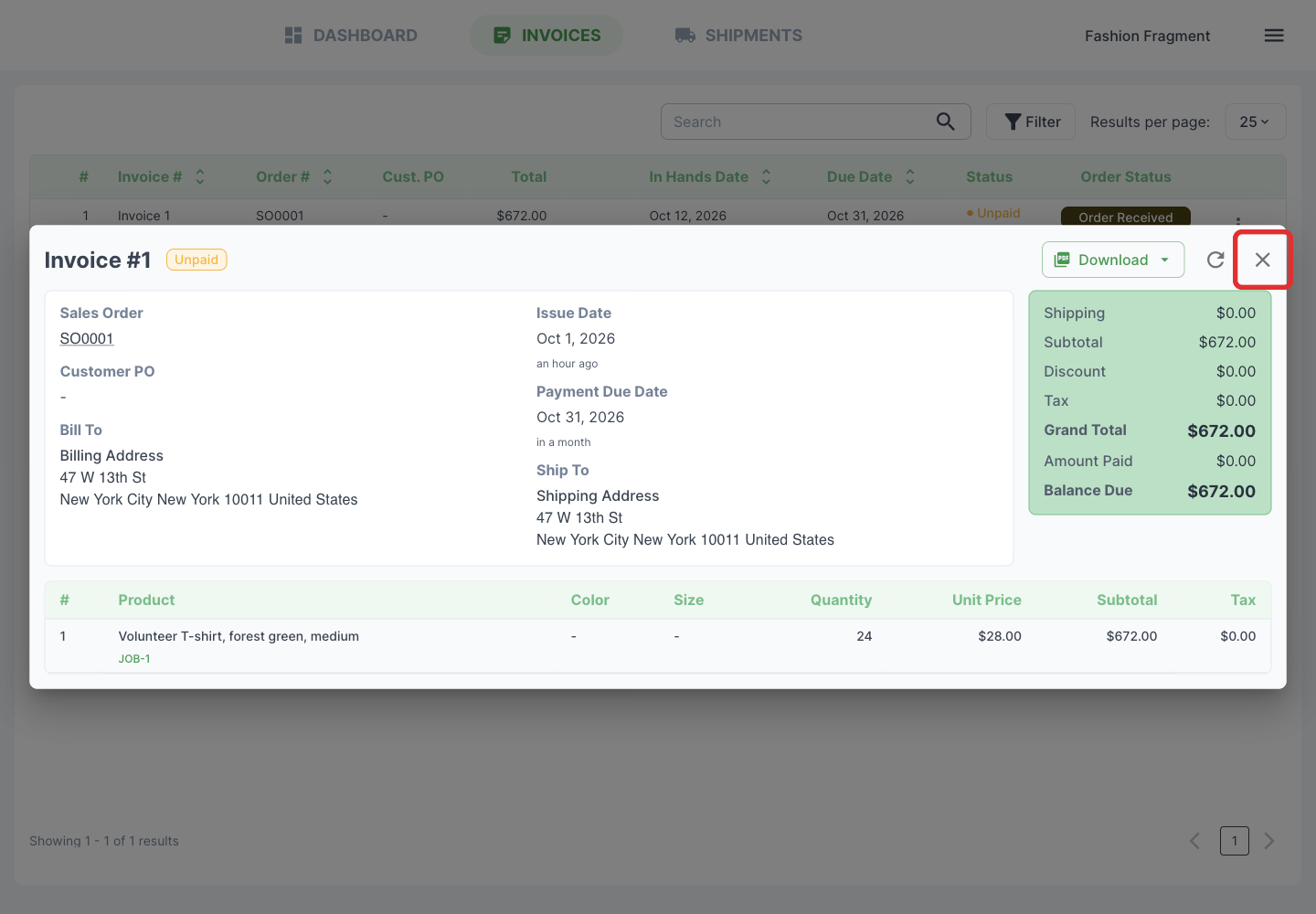 Return to the invoice list