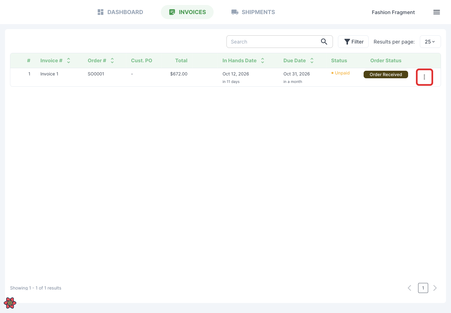 Open the invoice row menu