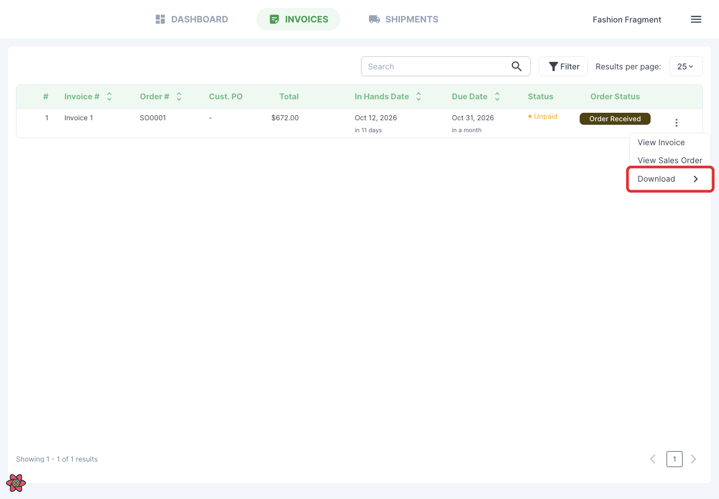 Download in the invoice row menu