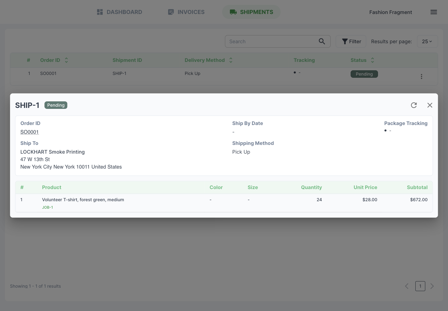 Shipment details for a pickup
