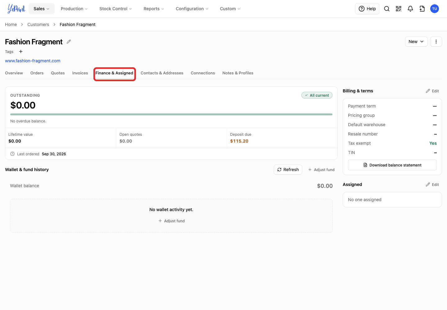 Finance & Assigned on the customer page