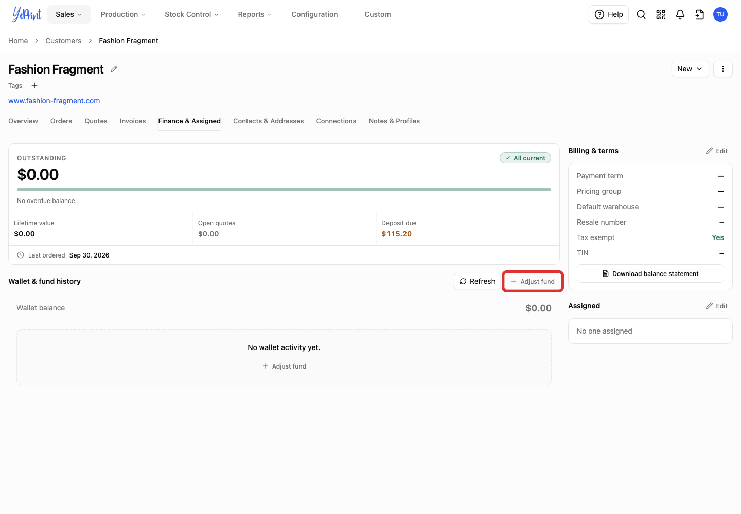 Adjust fund on the customer page