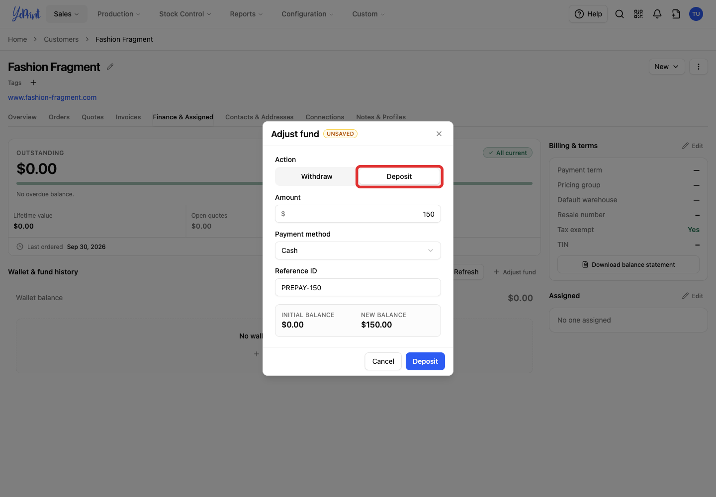 Deposit selected in Adjust fund