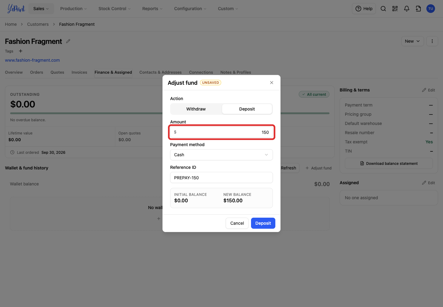 Deposit amount and transaction details