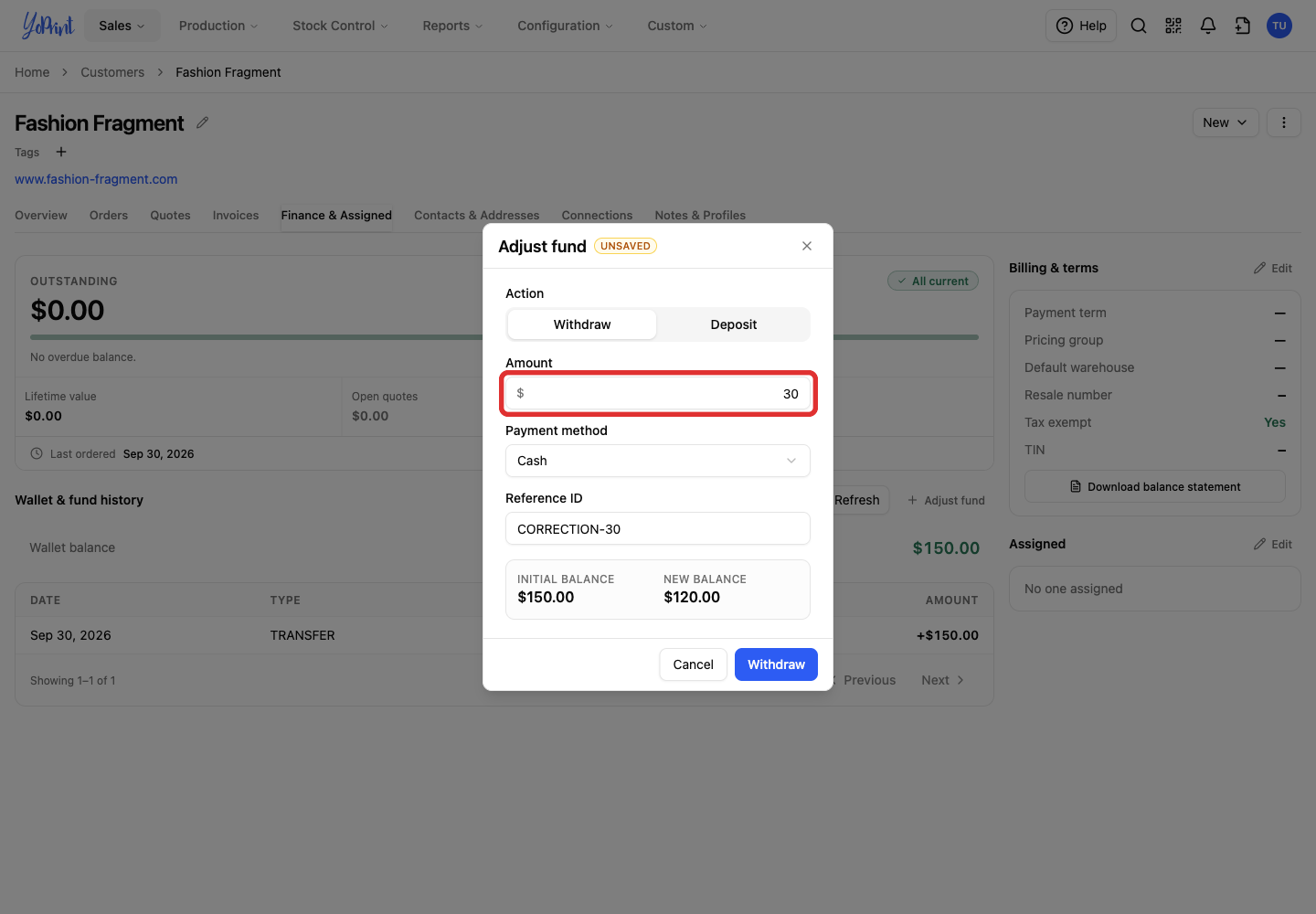 Withdrawal amount