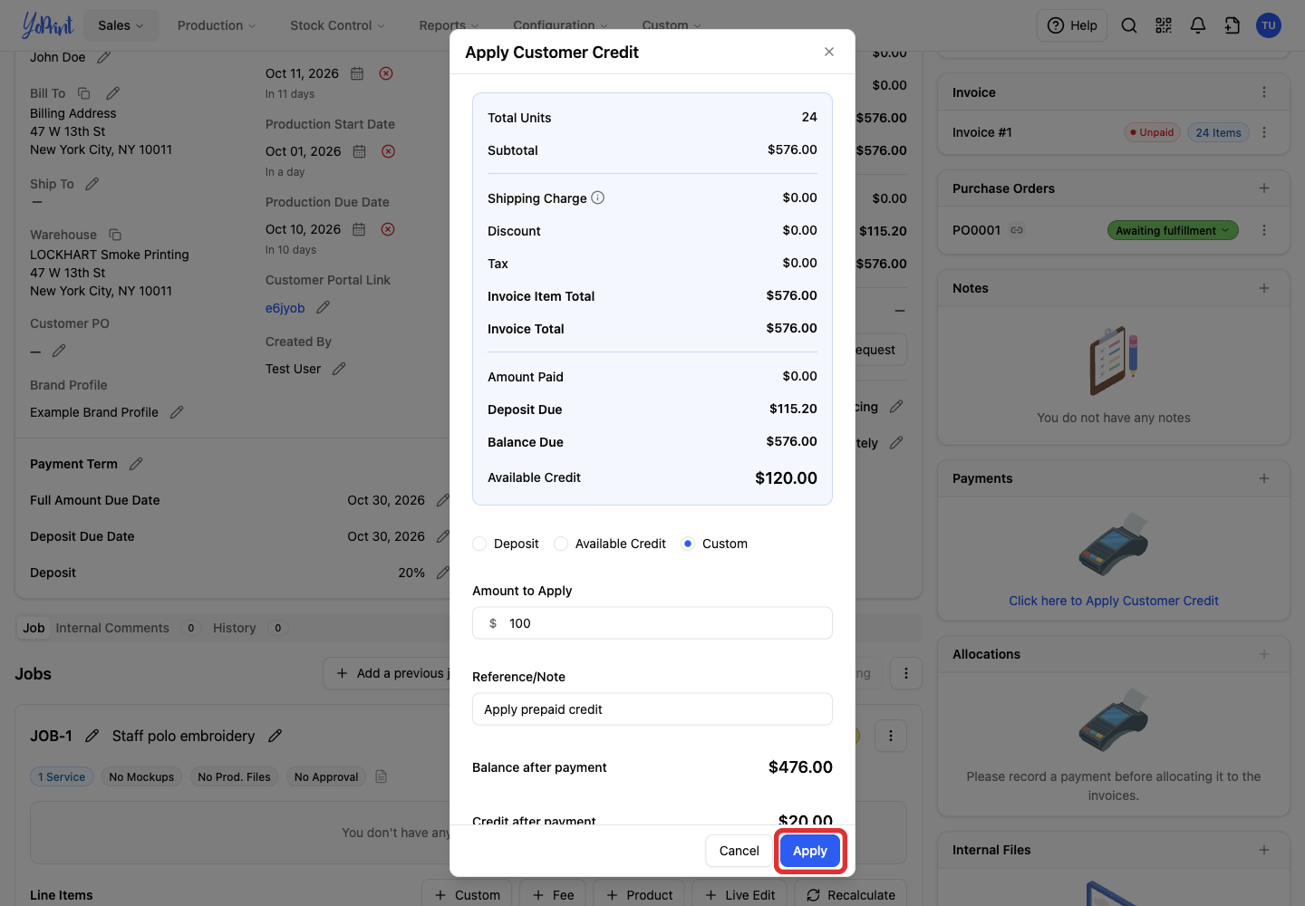 Apply the selected customer credit