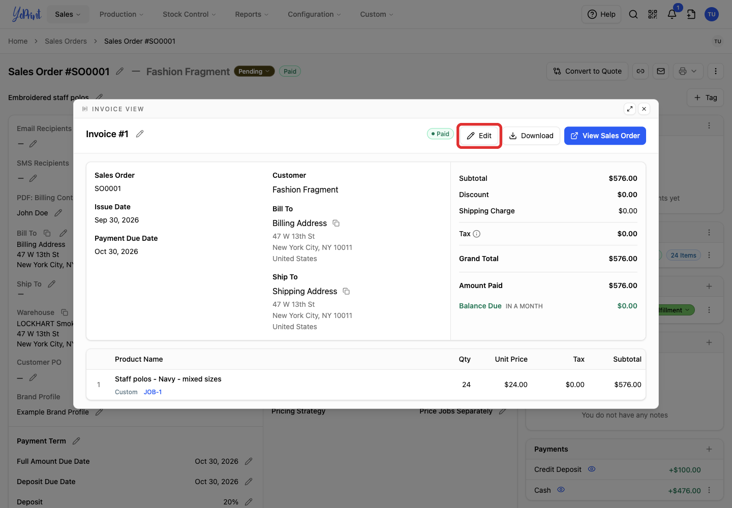 Edit the invoice